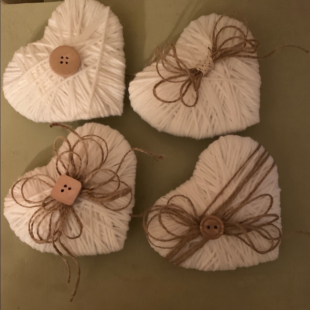 Set of 4 Rustic Yarn Wrapped Hearts, Christmas Tree Ornaments New Handmade